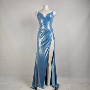 Monsini Blue Metallic High Slit Eventwear Gown Size 2 Style 31942